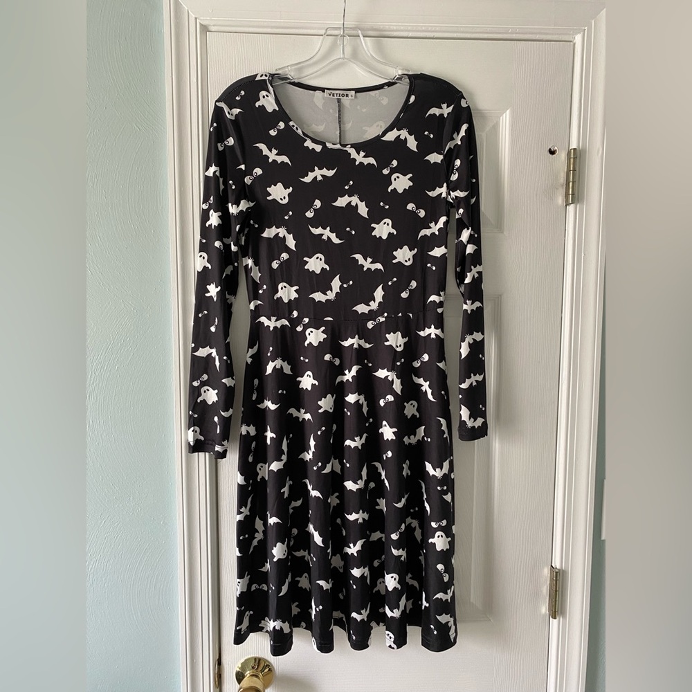 Vetior Black Halloween Ghost & Bat Fit-and-Flare Dress
